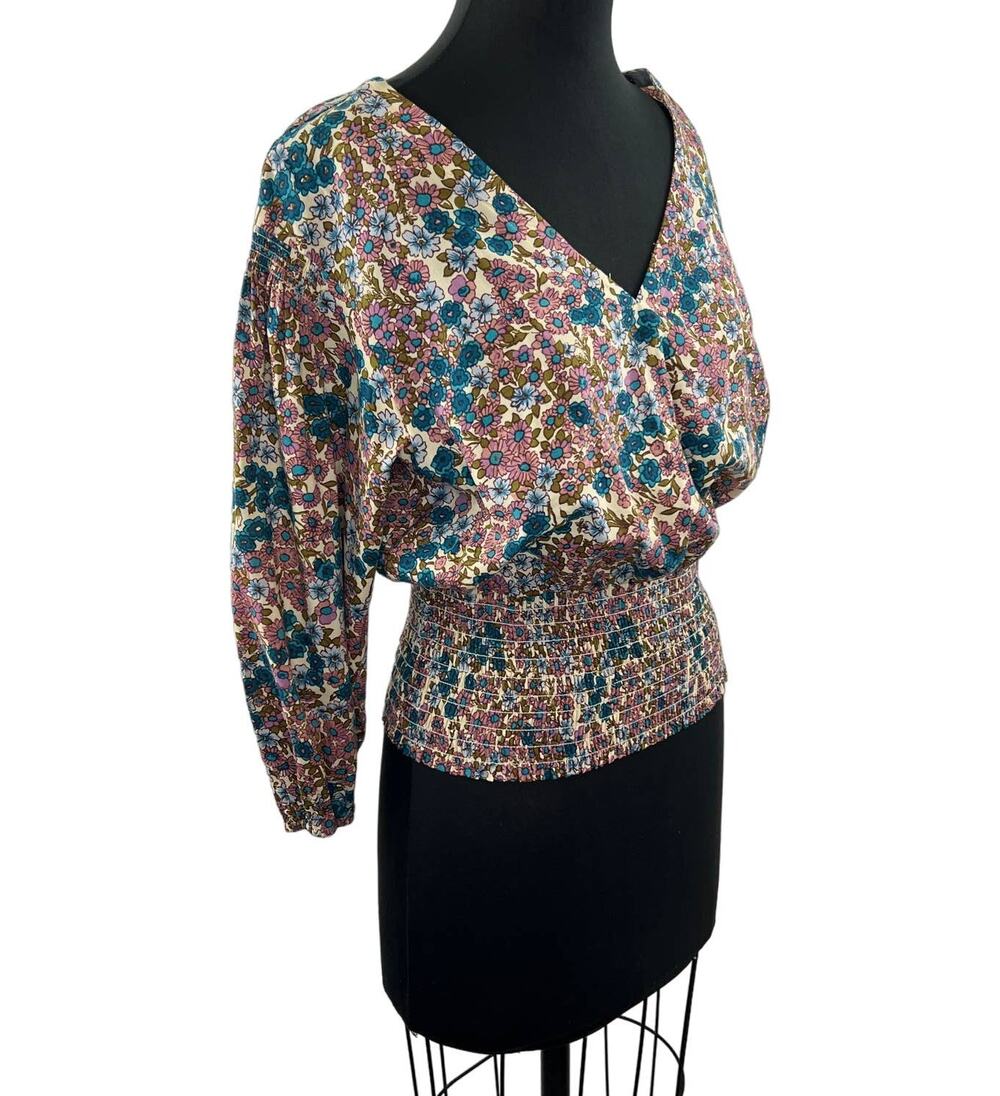 MAEVE Blue Pink S Top Cotton Floral Smocked Waist V-Neck Balloon Sleeve Pullover